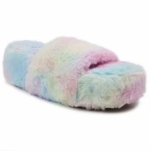 Sugar Wryde Tie Dye Fuzzy Platform Slippers 8 NWOB